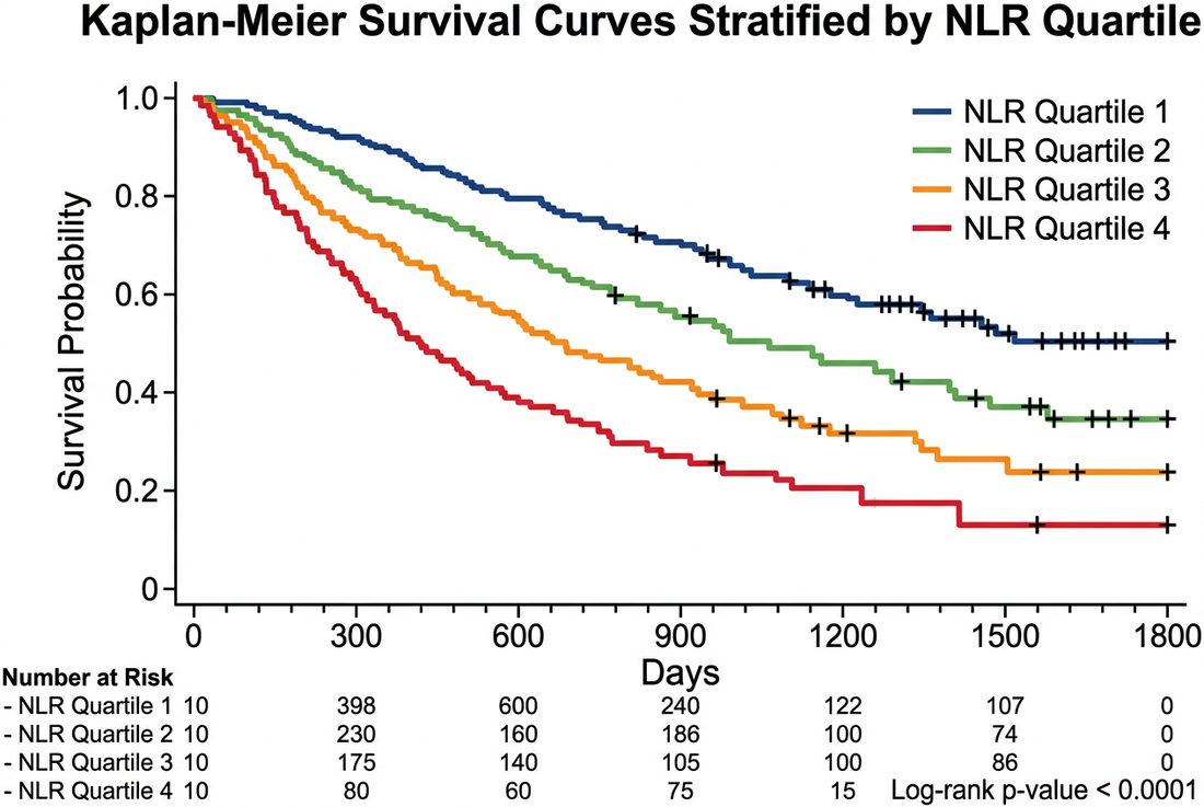 In-hospital survival stratified by NLR quartile
